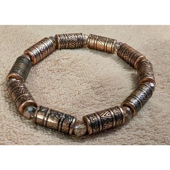BUNDLE ONLY Vintage Metal Beaded Bracelet Stretch Coppertone & Free Rhinestone - Picture 1 of 6